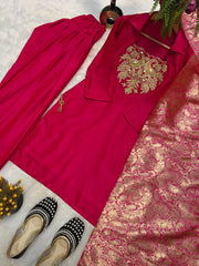 Ravishing Pink Satin Silk Embroidery Work Farshi Salwar Suit