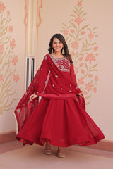 Awesome Red Color Beads With Embroidery Work Gown