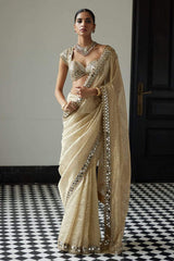 Exclusive Cream Organza Mirror Work Saree
