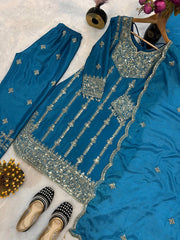Exclusive Sky Blue Chinon Silk Sequence Work Palazzo Suit