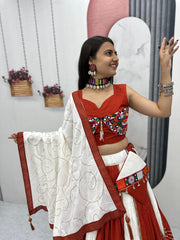 Trendy Red Cotton Gamthi Work Lehenga Choli For Navratri