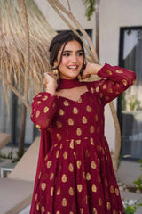 Lovely Maroon Jacquard Weaving Anarkali Suit