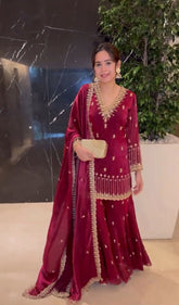 Stylish Pink Color Embroidery Work Sharara Suit