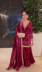 Stylish Pink Color Embroidery Work Sharara Suit