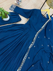 Navy Blue Color Rayon Embroidery Work Gown