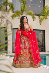Stylish Red Organza Printed Anarkali Gown