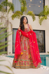Stylish Red Organza Printed Anarkali Gown
