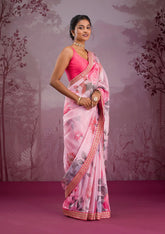 Gorgeous Pink Color Flower Printed Silk Saree