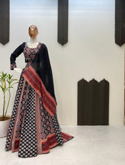 Lovely Black Rayon Printed Work Lehenga Choli
