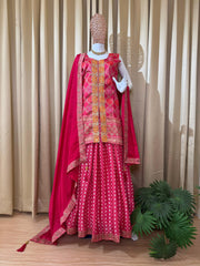 Amazing Red Color Chinon Embroidery Work Top With Lehenga