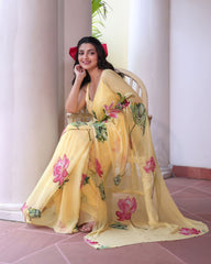 Party Wear Yellow Floral Printed Silk Saree