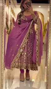 Stylish Onion Color Embroidery Work Anarkali Suit