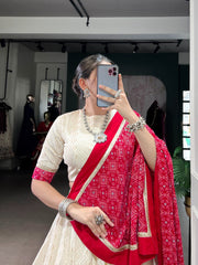 Navratri Wear Red Cotton Bandhej Work Lehenga Choli