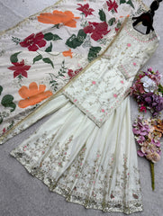Designer White Chinon Silk Sequence Work Sharara Suit
