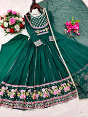 Beautiful Green Georgette Embroidered Designer Gown