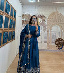 Navy Blue Color Rayon Embroidery Work Gown