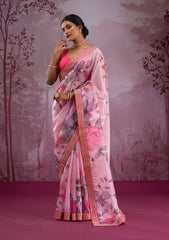 Gorgeous Pink Color Flower Printed Silk Saree