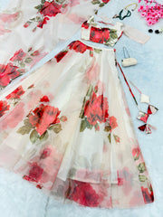 Ravishing White Color Organza Floral Printed Lehenga Choli