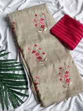 Pretty Beige Color Embroidery Work Silk Saree