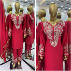 Presenting Pure Chinnon Silk With Embroidery Sequence Work Red color Top-Bottom