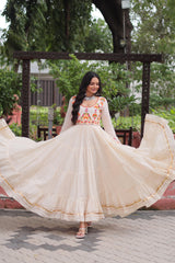 Navratri Wear Trendy White Cotton Embroidered Gown