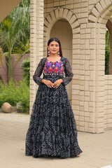 Gorgeous Black Georgette Embroidery Work Gown For Navratri