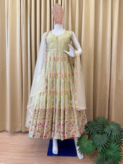 Stylish Pista Simmer Embroidery Work Gown