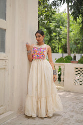 Amazing Off-White Cotton Embroidered Gown For Navratri