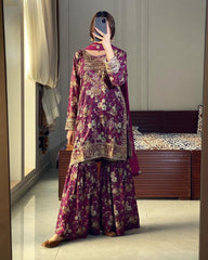 Ravishing Wine Chinon Silk Embroidery Sharara Suit