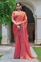 Trendy Red Diamond Work Silk Saree