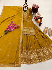 Pretty Mustard Chinon Silk Embroidery Sequence Work Top With Lehenga