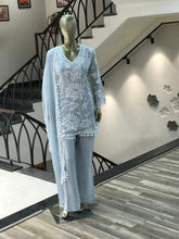 Trendy Sky Blue Georgette Embroidery Palazzo Suit