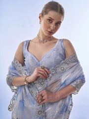 Ravishing Sky Blue Color Embroidery Work Silk Saree