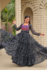 Gorgeous Black Georgette Embroidery Work Gown For Navratri