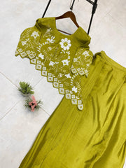 Trendy Sequence Work Mehndi Color Top With Skirt