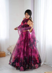 Lovely Pink Color Flower Printed Organza Lehenga Set