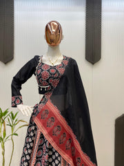 Lovely Black Rayon Printed Work Lehenga Choli