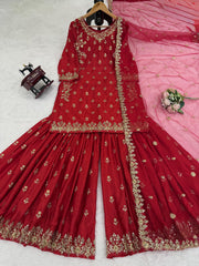 Lovely Red Chinon Silk Sequence Work Sharara Suit