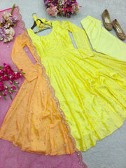 Marvelous Lemon Color Chinon Silk Work Gown