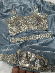 Trendy Grey Color Silk Cording Work Saree