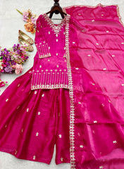 Stylish Pink Color Embroidery Work Sharara Suit