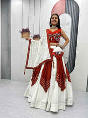 Trendy Red Cotton Gamthi Work Lehenga Choli For Navratri