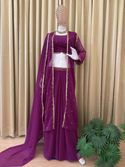 Glorious Purple Georgette Embroidery Koti With Lehenga Set
