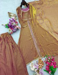 Lovely Brown Color Embroidery Work Sharara Suit