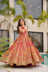 Stylish Red Organza Printed Anarkali Gown