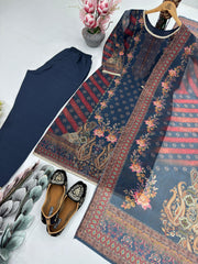 Attractive Blue Satin Digital Print Salwar Suit