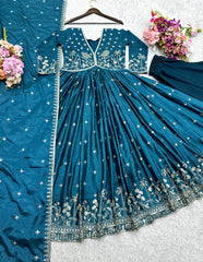 Trendy Teal Blue Dola Silk Embroidery Work Gown