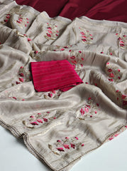 Pretty Beige Color Embroidery Work Silk Saree