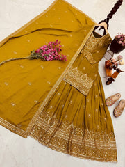 Pretty Mustard Chinon Silk Embroidery Sequence Work Top With Lehenga
