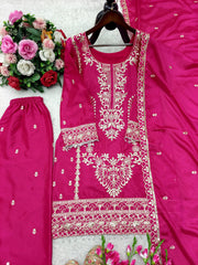 Ravishing Pink Chinon Silk Embroidery Work Palazzo Suit